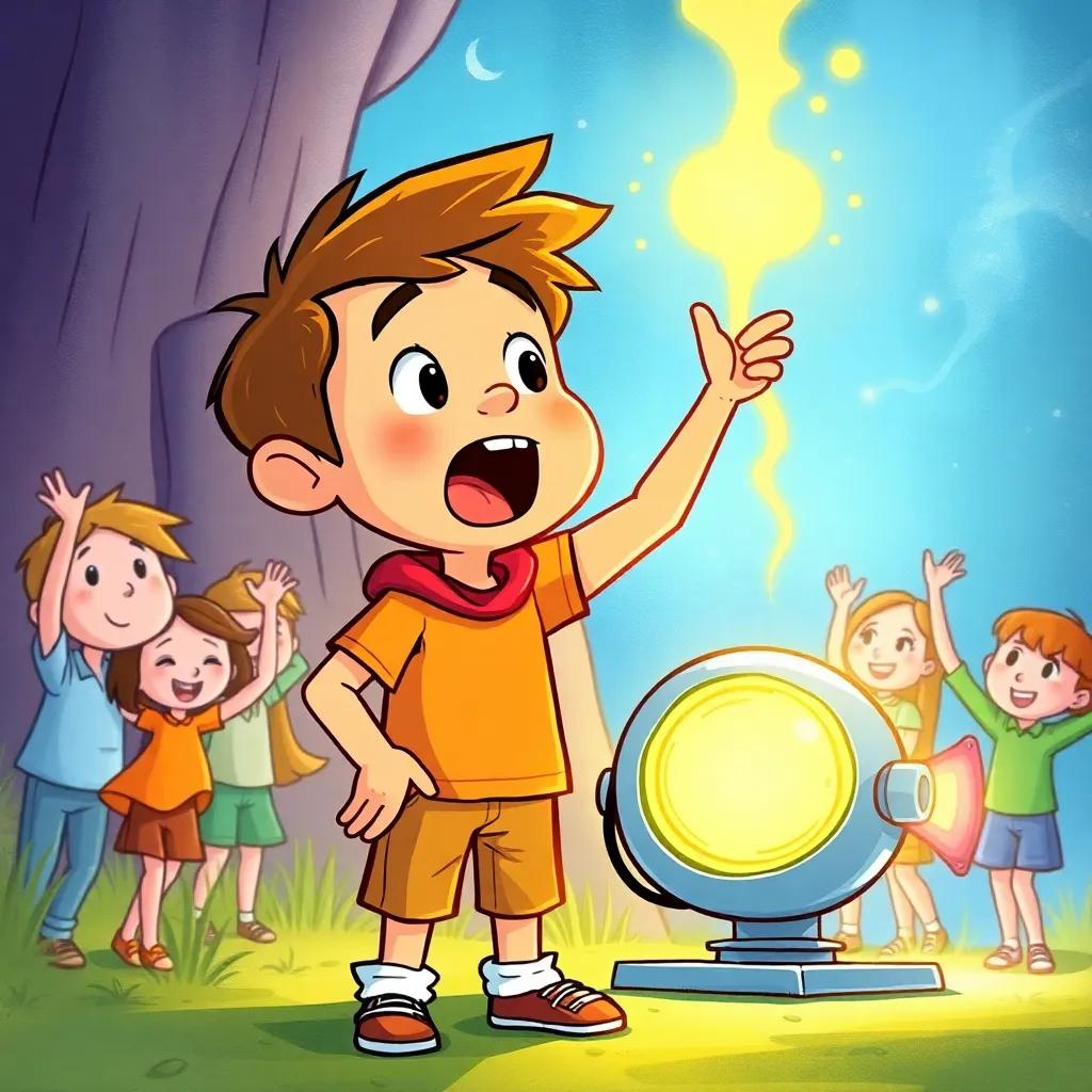 A surprised Adam with a big discovery, standing next to a glowing machine, surrounded by his friends cheering, joyful atmosphere, fantasy style, cartoonish