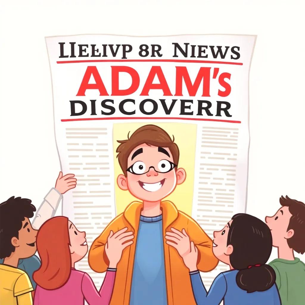 A newspaper headline celebrating Adam's discovery, with people around him smiling and congratulating him, bright colors and festive mood, digital drawing