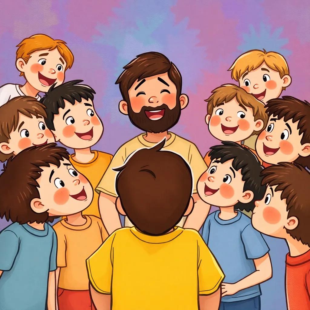 Children gathered around Adam, looking up to him with admiration, excited faces, colorful background, warmth and inspiration, charming illustration