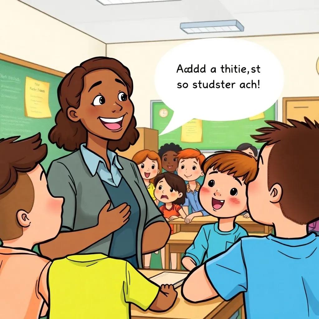 A teacher speaking about Adam’s success, smiling with pride, classroom full of curious children, inspiring atmosphere, bright colors, engaging artwork