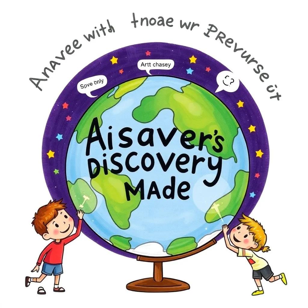 A globe showing the changes Adam's discovery made, with kids around it, showcasing discoveries impacting the world, colorful and educational art