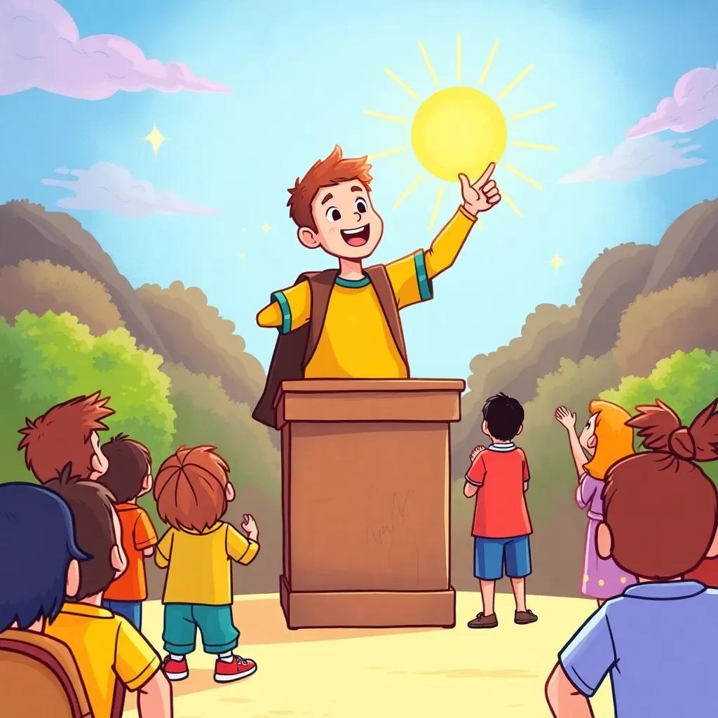 Adam standing on a podium, encouraging children, pointing at a bright future ahead, vibrant setting, positive and hopeful energy, captivating illustration