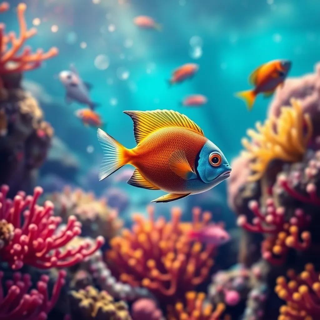 A colorful underwater scene, with a small fish named Noura swirling around a beautiful coral reef, joyful ocean creatures playing together, digital art, vibrant colors, warm light, captivating atmosphere, high quality