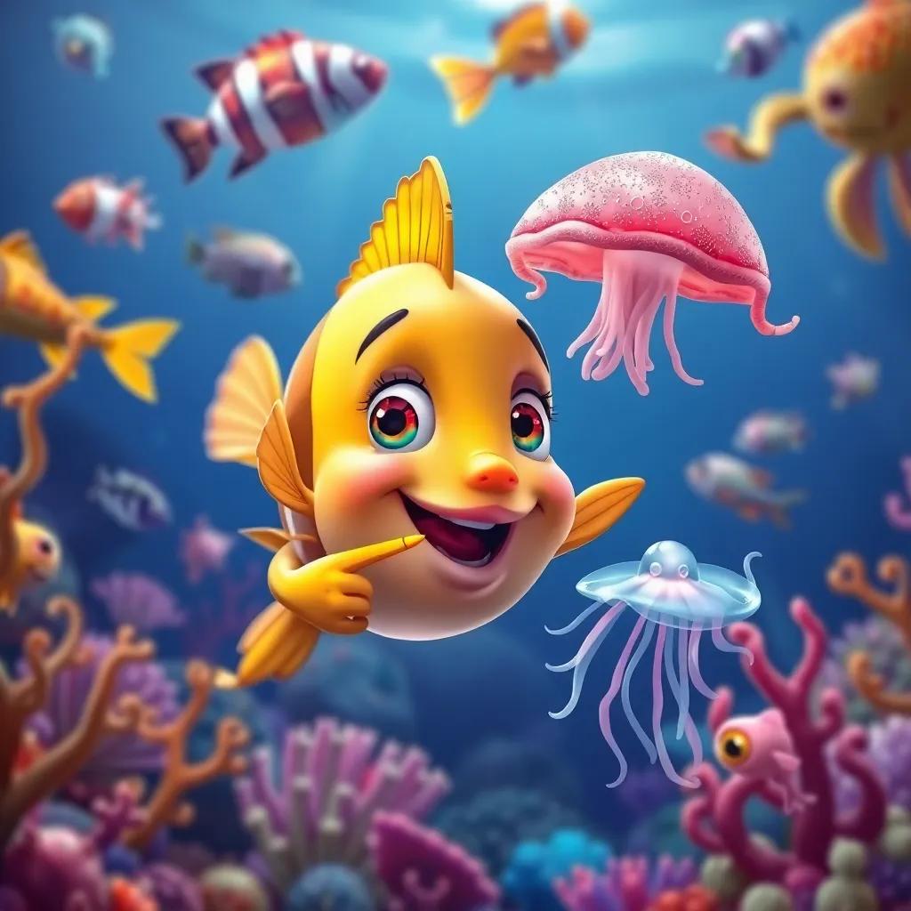 A brave little fish named Noura exploring the ocean, surrounded by various marine life, pointing at a jellyfish with amazement, colorful and cheerful setting, child-friendly, storytelling view, high quality