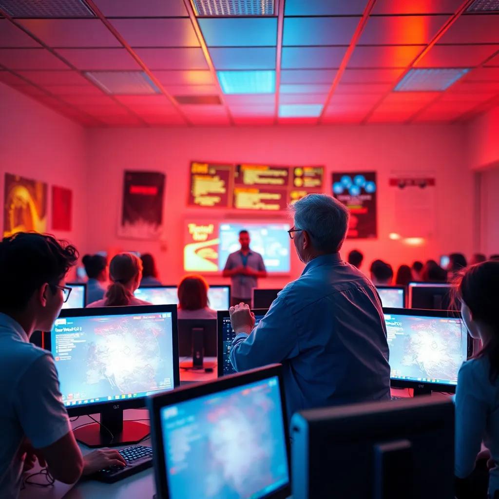 A classroom full of computers, students eagerly listening to a teacher explaining technology concepts with bright screens and gadgets, digital art, vibrant colors, focal point on the teacher and students, engaging atmosphere, high quality