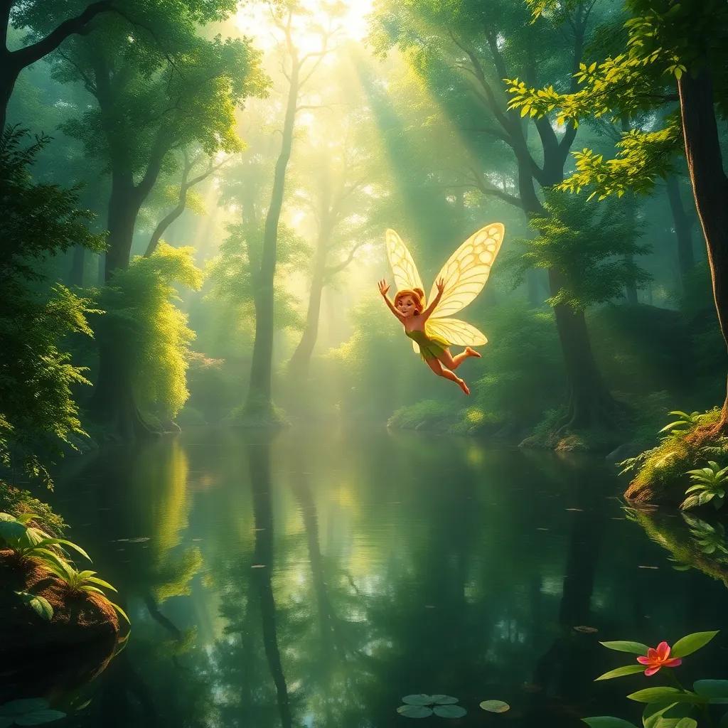 A vibrant forest scene with a deep lake, sunlight filtering through lush trees, a beautiful fairy named Surin floating above the water with shimmering wings, joyful and mysterious atmosphere, vibrant colors, magical ambiance, high quality