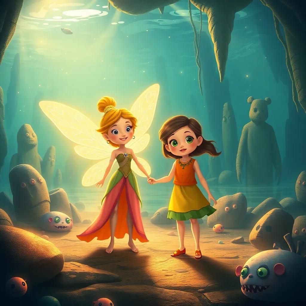 A magical world under the lake with sparkling stones and ancient creatures, Surin the fairy holding hands with a curious girl named Layla, both looking excited and adventurous, illustrated in a whimsical style, warm lights, friendly surroundings, enchanting details, high quality