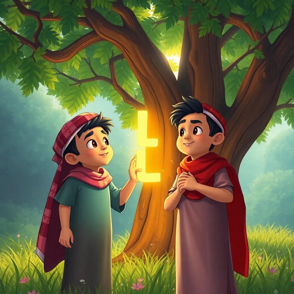 Two Arab boys, Ali and Mazen, amazed by colorful letters glowing in the sunlight, standing under a big tree, lush green background, magical feel, vibrant colors, detailed illustration