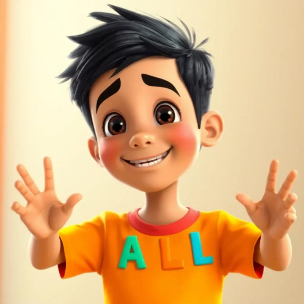 Ali, a young Arab boy with short black hair, wearing a bright t-shirt, forming words with colorful letters, joyful, playful energy, digital art, cheerful