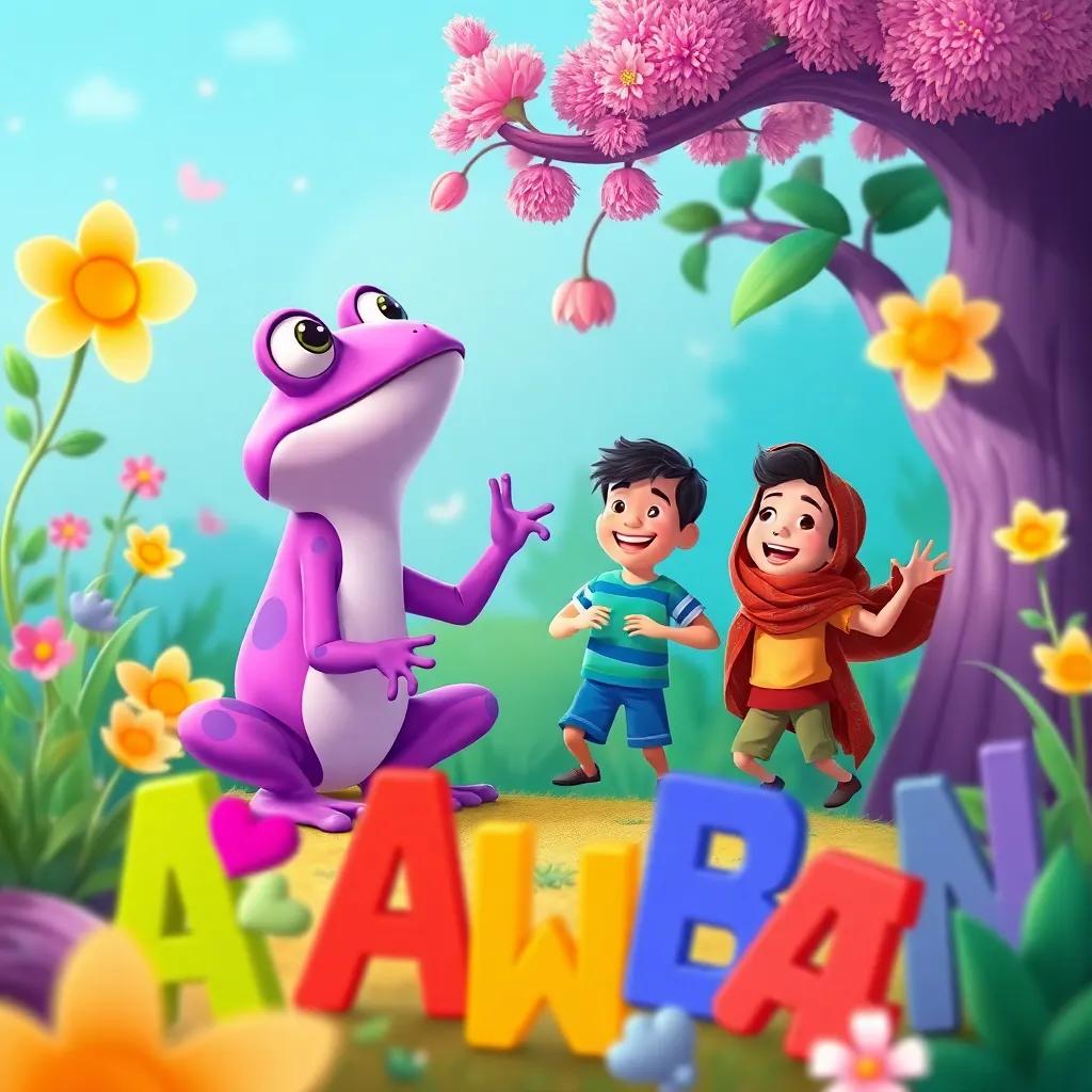 A joyful scene with a purple frog watching Ali and Mazen, surrounded by vibrant nature and colorful letters dancing, whimsical atmosphere, children's book illustration, high quality
