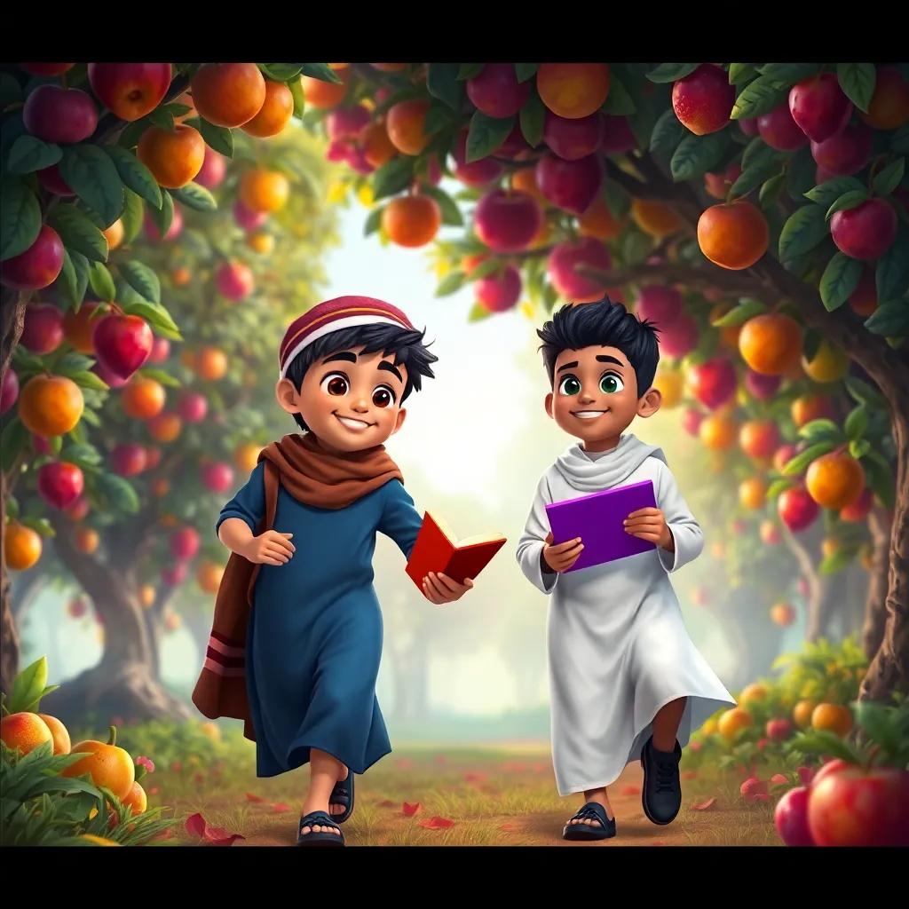 Two Arab boys, Ali and Mazen, following the beautiful singing letters, walking through a magical orchard, lush trees and colorful fruits, enchanted atmosphere, lively colors