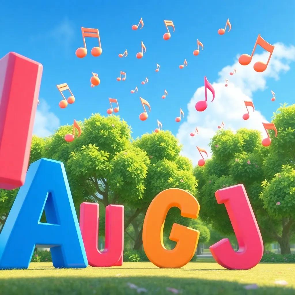 Musical letters flying around, beautiful melodies filling the air, bright blue sky and lush green trees, fun and cheerful environment, illustration, child-friendly