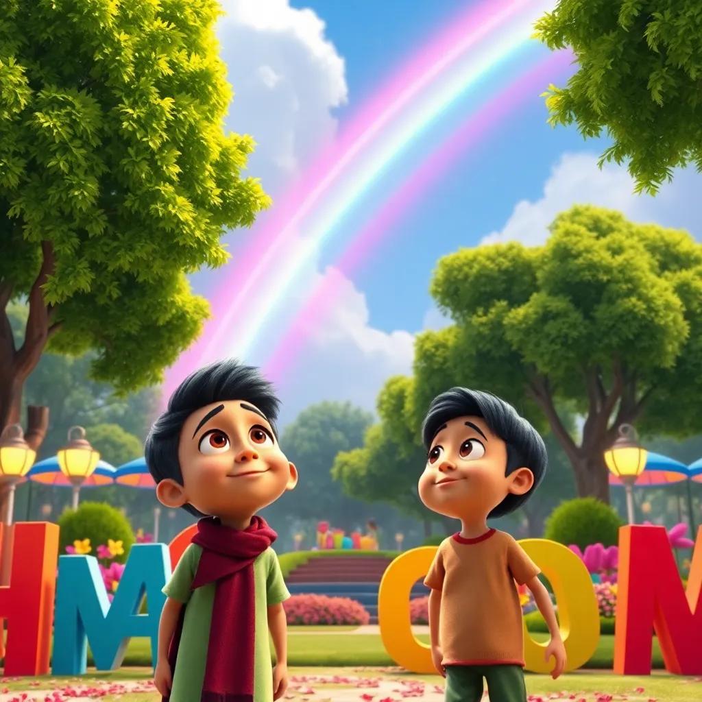A magical rainbow appearing in the sky over the park, Ali and Mazen staring in awe, surrounded by colorful letters, colorful and vibrant, high quality