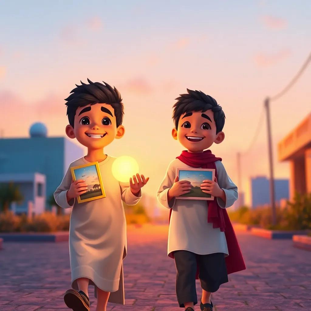Two Arab boys, Ali and Mazen, walking home holding memories and dreams, smiling joyfully, warm sunset colors, joyful and heartwarming atmosphere, digital art, high quality