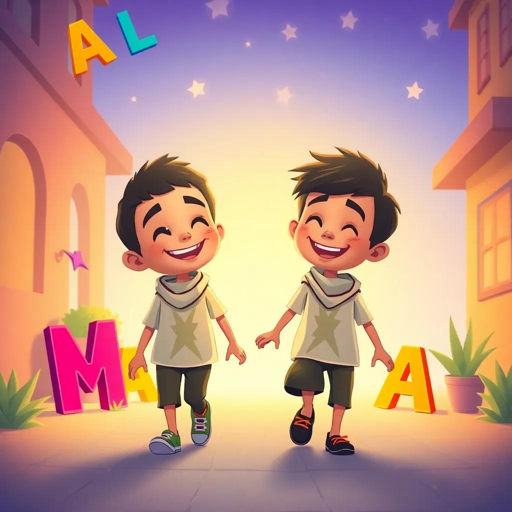 Two Arab boys, Ali and Mazen, feeling happy with colorful letters around them, smiling as they walk home, soothing warm colors, joyful moment, illustration, magical