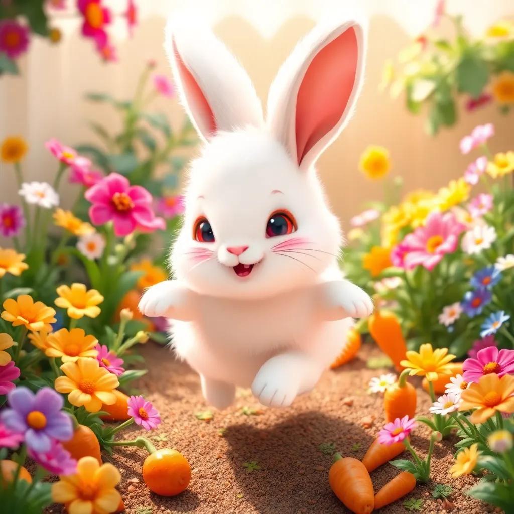 A cute rabbit, Reema, with fluffy white fur and big ears, hopping in a small garden surrounded by colorful flowers and carrots, cheerful atmosphere, bright colors, playful mood, digital art