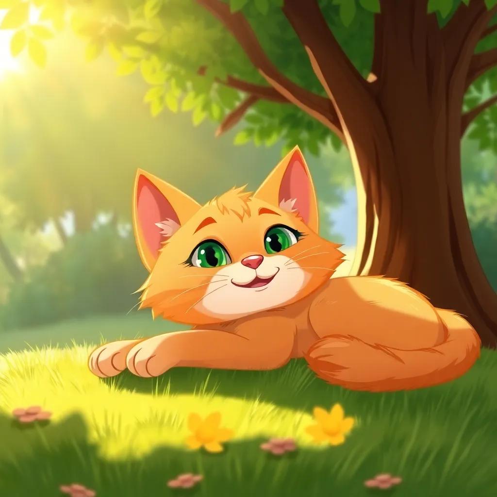 A lovely cat, Lulu, with soft orange fur and green eyes, lounging in the sun under a tree, relaxed and happy, bright colors, warm sunlight, whimsical expression, illustration