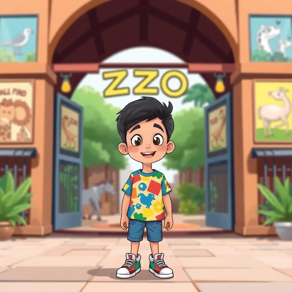A young Arab boy, Ali, with short black hair wearing a colorful t-shirt and sneakers, looking excited in front of a zoo entrance with animal posters, digital art, vibrant colors, cheerful atmosphere, high quality