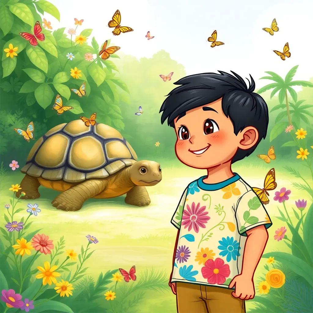 Ali, a young Arab boy with short black hair wearing a colorful t-shirt, watching a large turtle slowly walking, surrounded by lush greenery and colorful butterflies, illustration, joyful, child-friendly, high quality