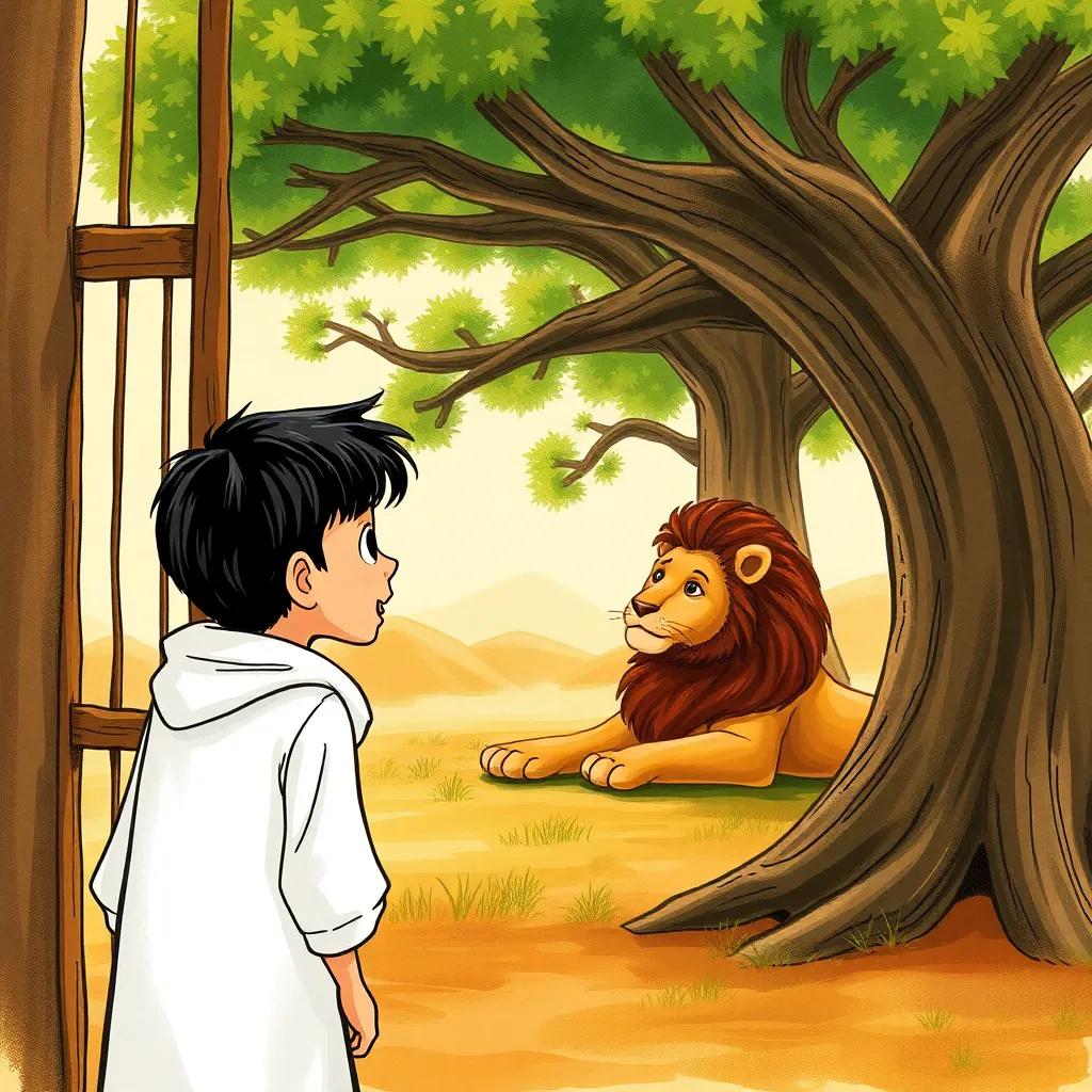 Ali, a young Arab boy with short black hair, close to a lion's cage, gazing with awe at a lion lying under a big tree, scene filled with excitement, warm light, clear details, high quality
