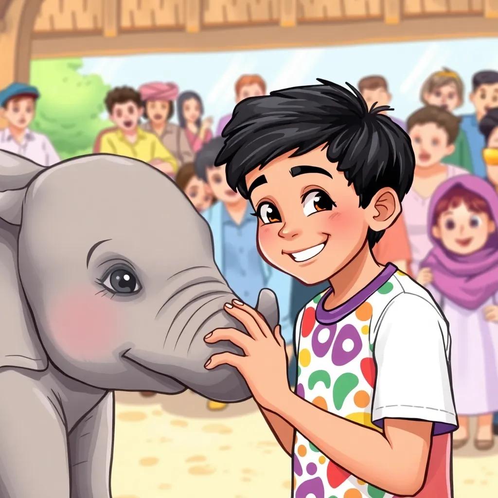 Ali, a young Arab boy with short black hair wearing a colorful t-shirt, interacting with a small elephant, touching its trunk with a big smile, surrounded by excited visitors, bright colors, engaging composition, high quality