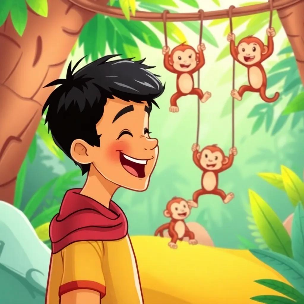 Ali, a young Arab boy with short black hair, laughing at playful monkeys swinging in their enclosure, colorful and vibrant jungle setting, illustration, cheerful and lively, high quality