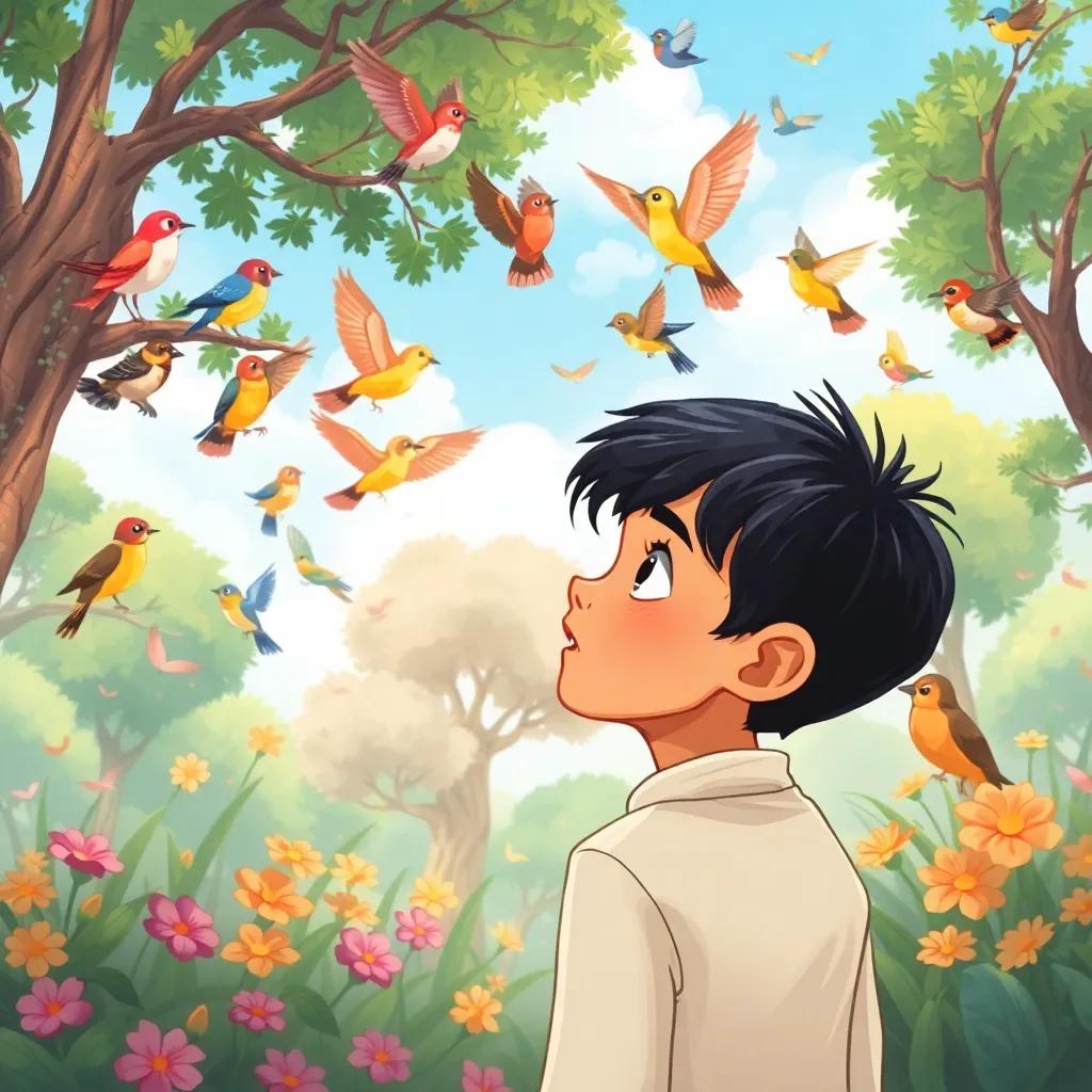 Ali, a young Arab boy with short black hair, watching many colorful birds singing, surrounded by beautiful trees and flowers, vibrant atmosphere, child-friendly, high quality