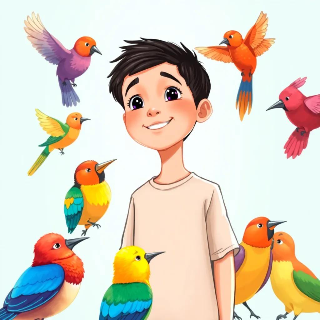 Ali, a young Arab boy with short black hair, standing in front of colorful birds, amazed by their beautiful sounds, bright colors and joyful expression, high quality