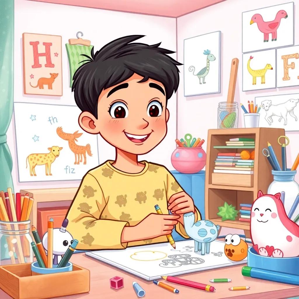 Ali, a young Arab boy with short black hair, having fun drawing animals in his room, surrounded by art supplies and colorful drawings, cheerful atmosphere, bright colors, high quality