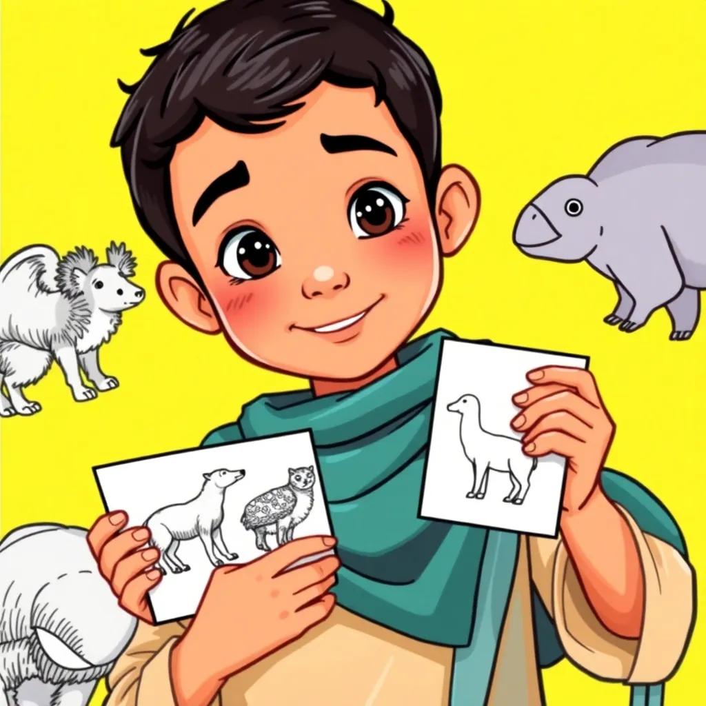 Ali, a young Arab boy with short black hair, holding sketches of animals in his hands, looking proud while describing to his friends, bright background, high quality