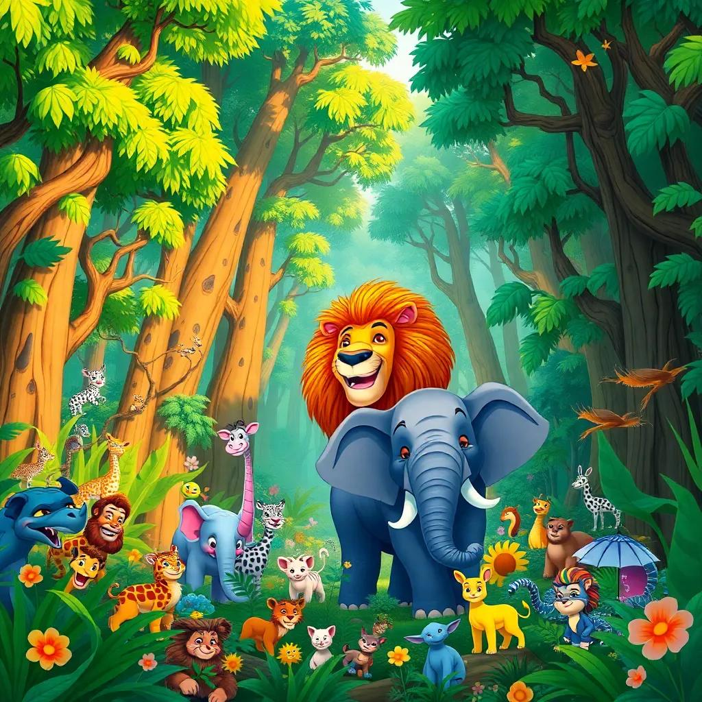 A large, vibrant forest filled with diverse animals, an imposing lion and a friendly elephant in the deep part of the forest, illustrating strength and cooperation, bright colors, cheerful atmosphere, illustration, child-friendly, high quality