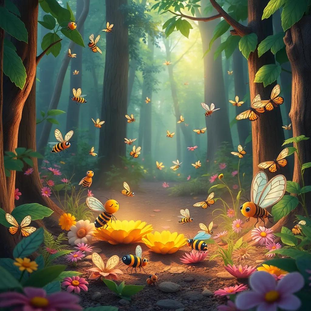 A busy scene of invertebrates like bees and butterflies in another part of the forest, happily working together, displaying creativity and collaboration, colorful, light-filled ambiance, illustration, playful, child-friendly, high quality