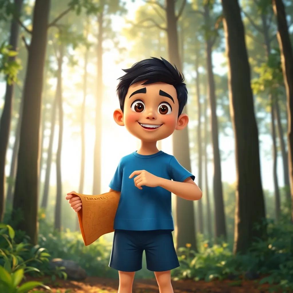 A young Arab boy, Sami, with short black hair, wearing a blue t-shirt and shorts, standing excitedly in a sunlit forest surrounded by tall trees, smiling and pointing at a hidden treasure map, digital art, bright colors, joyful atmosphere, high quality