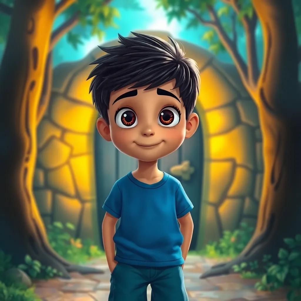 Sami, a young Arab boy with short black hair, wearing a blue t-shirt and shorts, standing in front of a mysterious door hidden among trees, with wide eyes full of wonder, bright colors, magical feel, storytelling view, fantasy setting