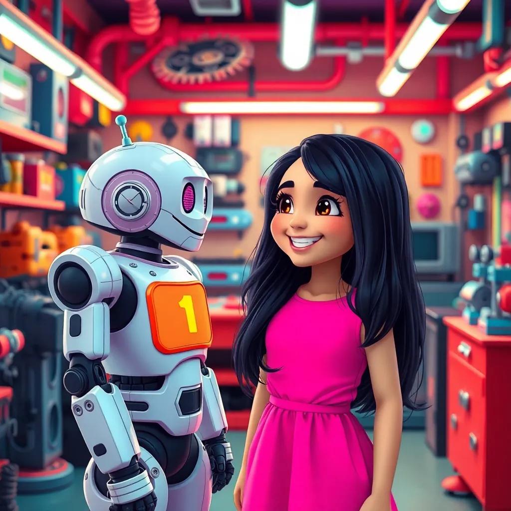 A young Arab girl, Meryem, with long black hair wearing a bright pink dress, smiling widely while talking to her robot friend named Roboti, in a colorful futuristic workshop filled with robot parts, digital art, cheerful, vivid colors, inviting atmosphere, high quality