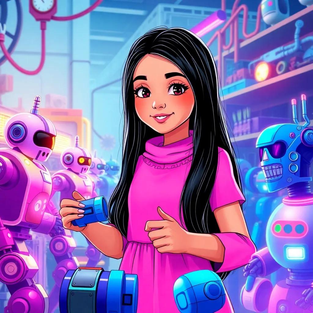 Meryem, a young Arab girl with long black hair wearing a bright pink dress, building a colorful rainbow of robots in a sparkling workshop with flashing lights and shiny metals, illustration, joyful, creative atmosphere, high quality