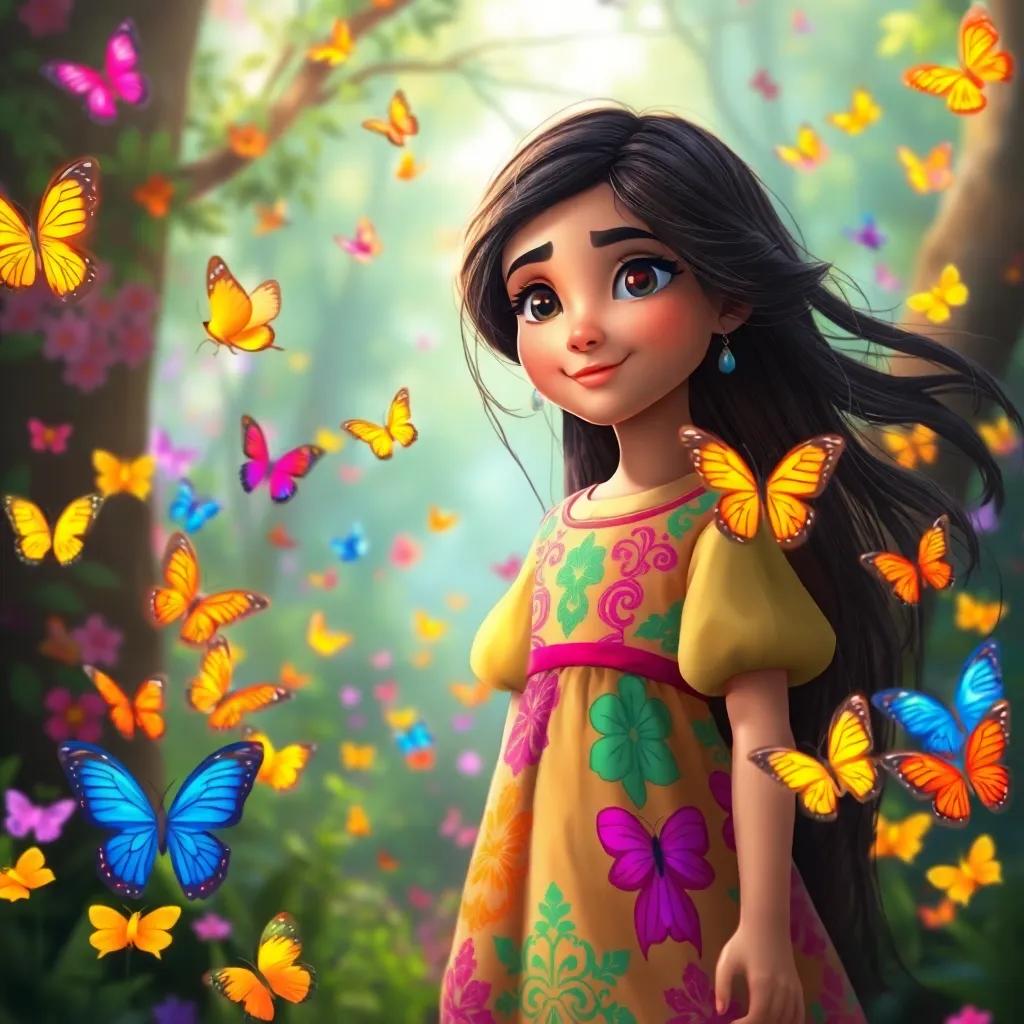 A young Arab girl, Leila, with long, dark hair, wearing a colorful dress, surrounded by colorful butterflies in a magical forest, digital art, bright and cheerful colors, enchanting atmosphere, high quality