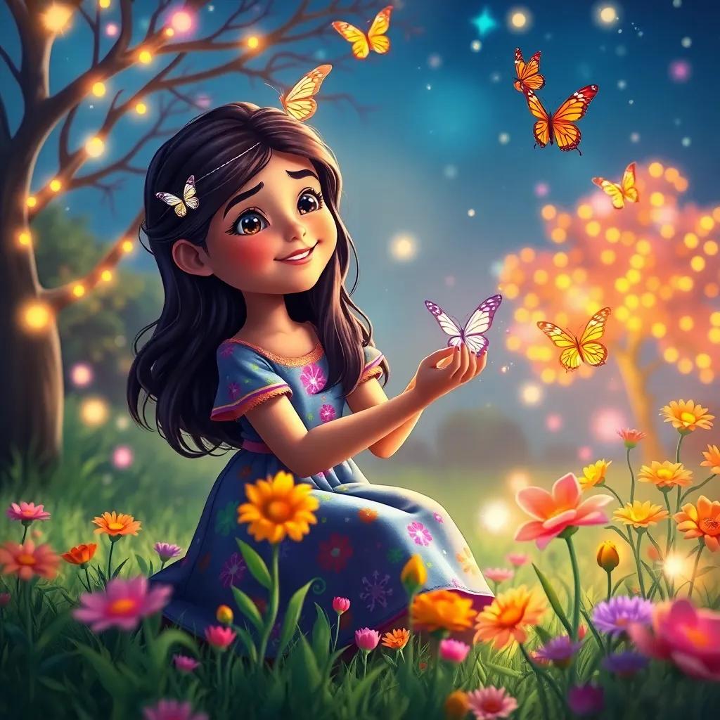 Leila, a young Arab girl with long, dark hair in a colorful dress, playing with butterflies, crafting magical flowers in vibrant colors, surrounded by twinkling lights and trees, heartwarming scene, whimsical, engaging imagery