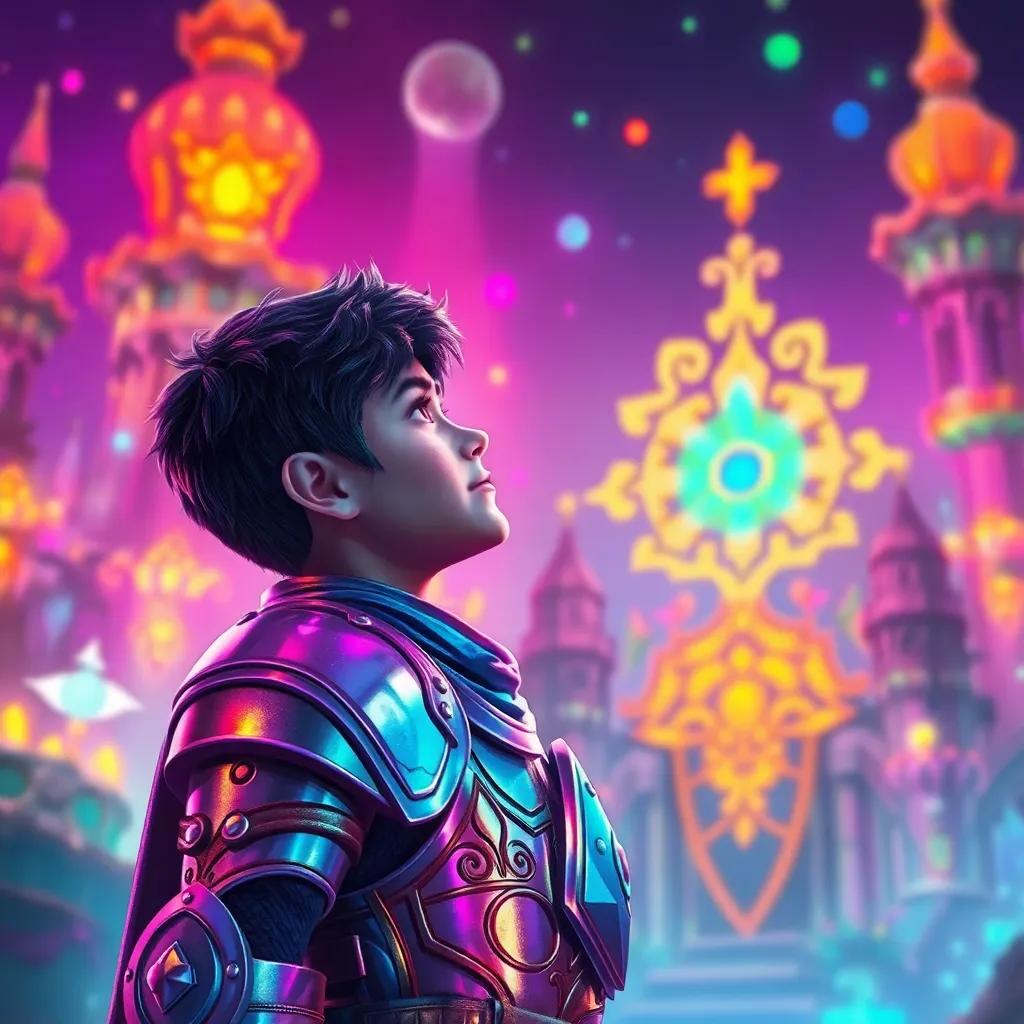 A brave boy named Omar in shiny armor, looking in wonder at colorful magical lights in a mystical kingdom, digital painting, vibrant colors, enchanting atmosphere, detailed