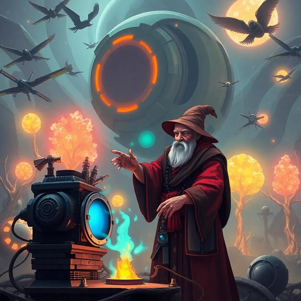 An elderly sorcerer named Mukhtar, working on a huge magical device surrounded by flying machines and glowing trees, cheerful and inviting, fantasy art, rich colors, immersive scene