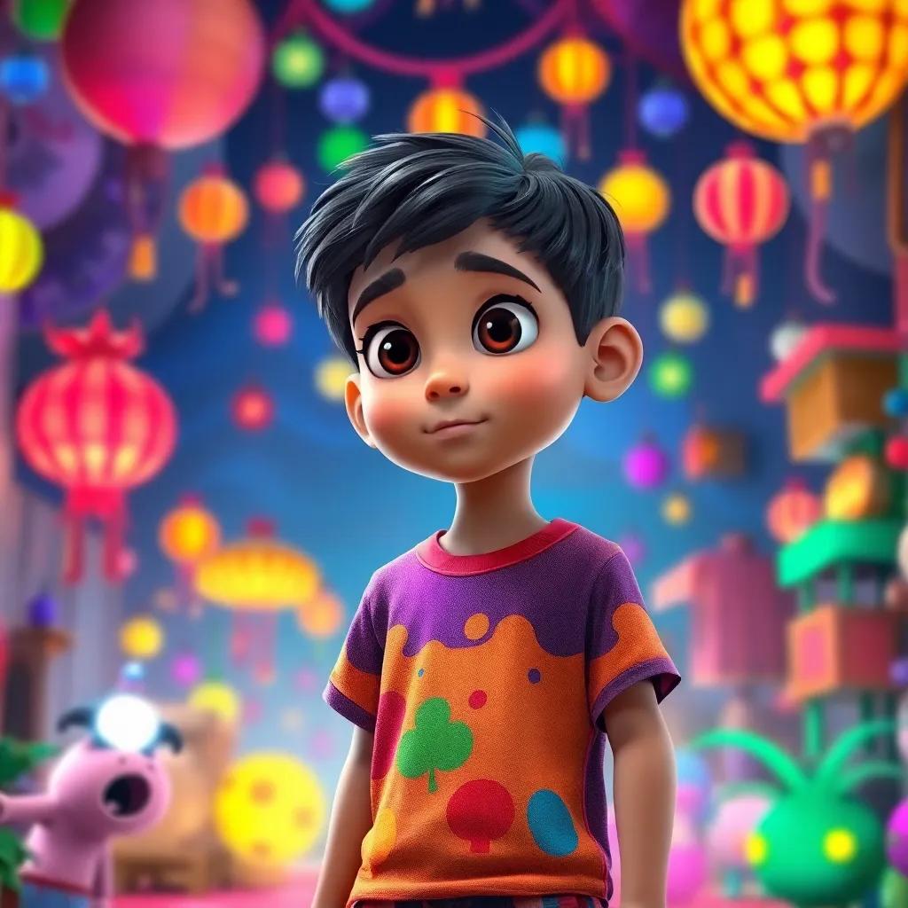 A young Arab boy, Ali, with short dark hair, wearing a colorful t-shirt and shorts, looking around a vibrant and strange world full of bright colors and unusual sounds, digital art, lively atmosphere, eye-catching colors, Curiosity in his eyes, high quality