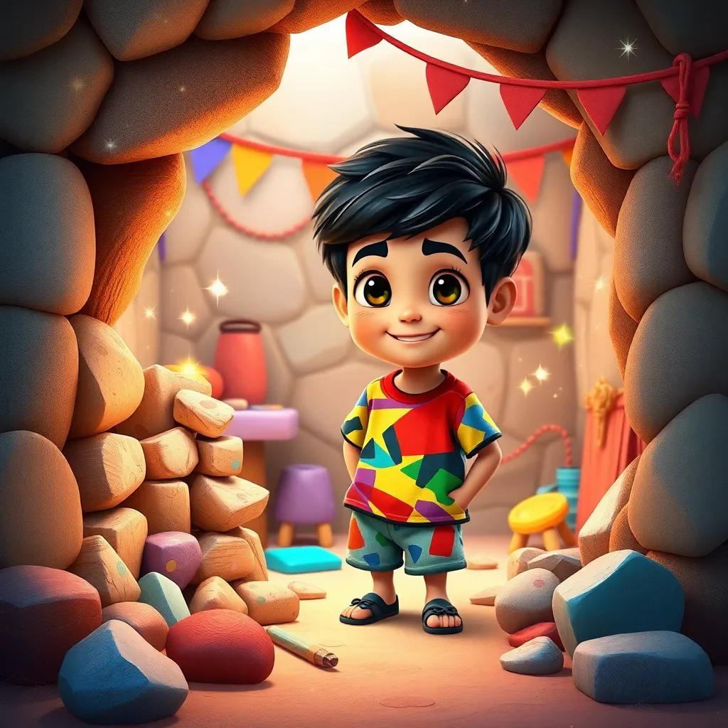 Ali, a young Arab boy with short dark hair in a colorful t-shirt and shorts, building a colorful home from stones and bright papers, surrounded by sparkling elements and imaginative designs, cheerful and vibrant, artistic view, child-friendly, high quality