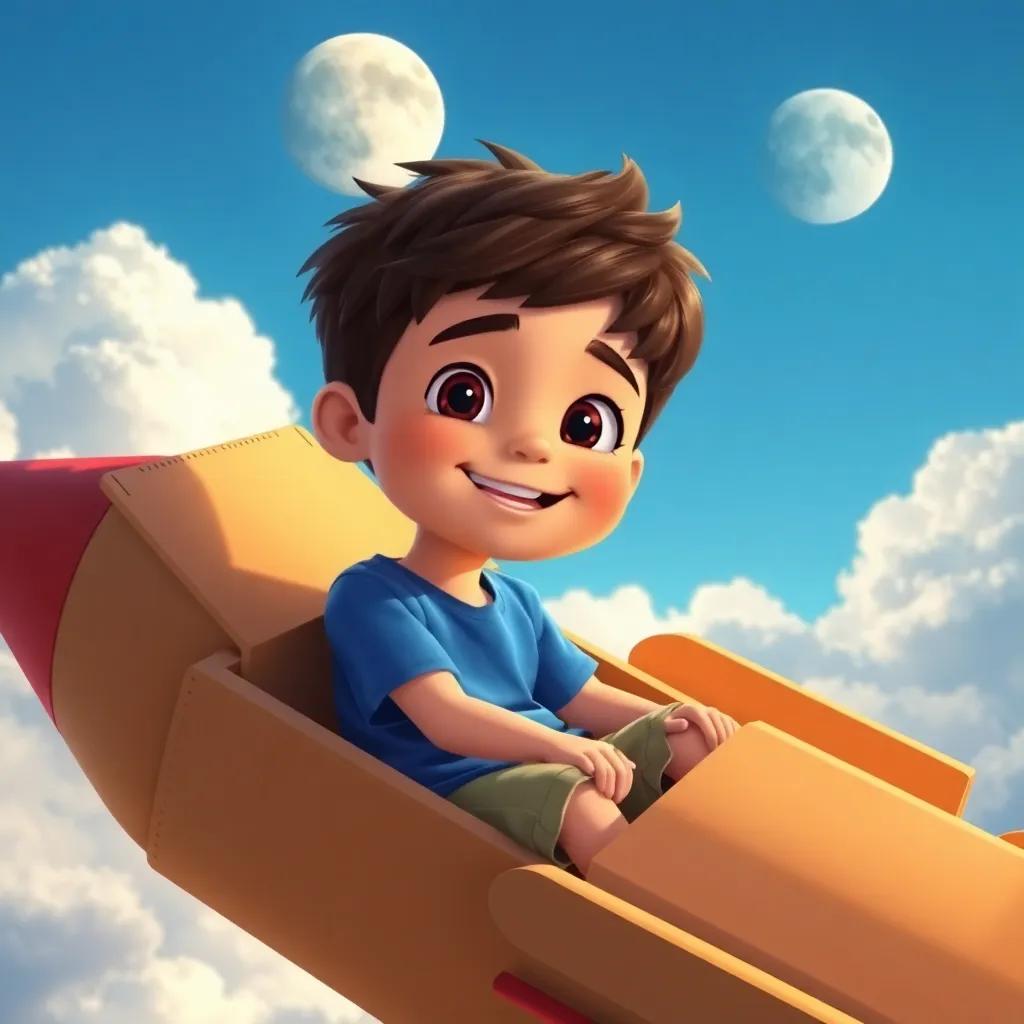 A young boy, Sami, with short brown hair and wearing a blue T-shirt and khaki shorts, sitting in a rocket made of cardboard boxes, flying towards the moon in a bright blue sky with fluffy clouds, digital art, cheerful and vibrant, warm colors, adventure-themed, high quality