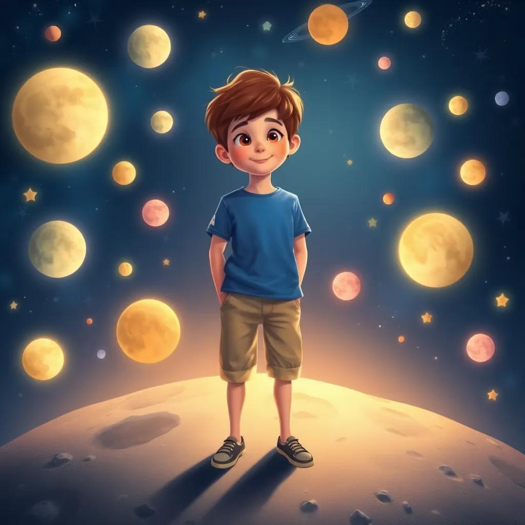 Sami, a young boy with short brown hair, wearing a blue T-shirt and khaki shorts, standing on the moon's surface surrounded by dancing moons, glowing planets, and playing stars, illustration, magical and colorful, child-friendly, high detail