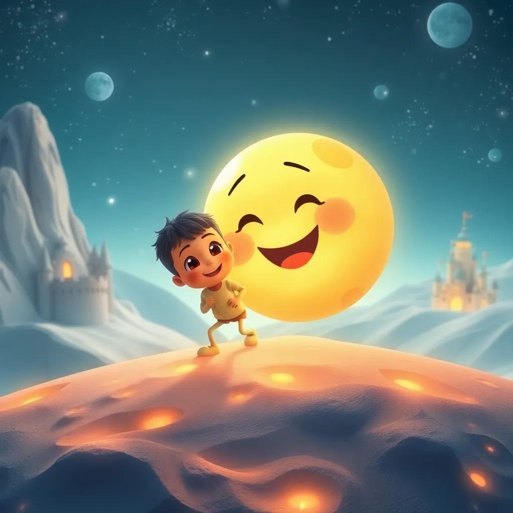 Sami and Lolo, a small moon with a happy face, playing together on the bright moon surface with glowing valleys and shiny castles, digital painting, joyful atmosphere, cheerful colors, high quality, lively perspective