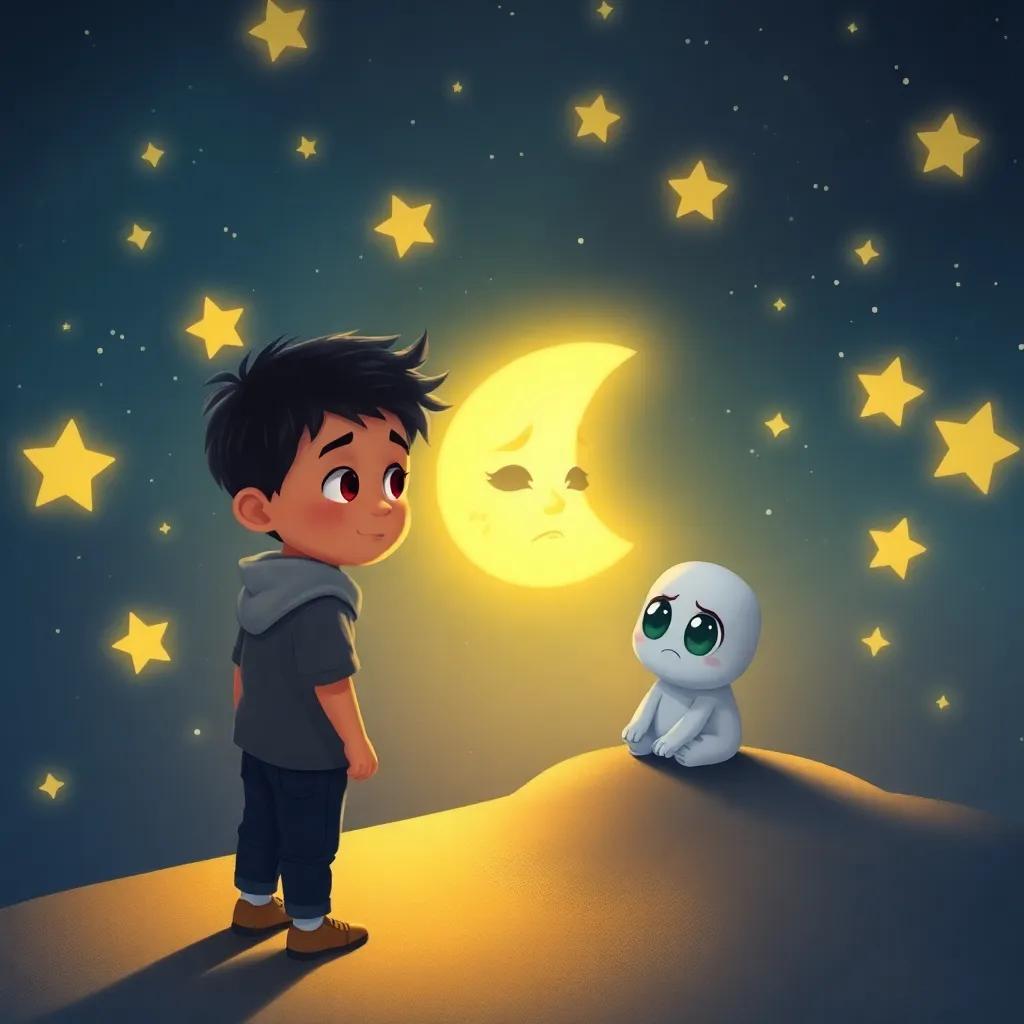 Sami, a young boy, and Lolo, a small moon, approaching a sad moon with big eyes sitting alone, surrounded by sparkling stars, illustration, emotional and warm light, friendly atmosphere, high detail