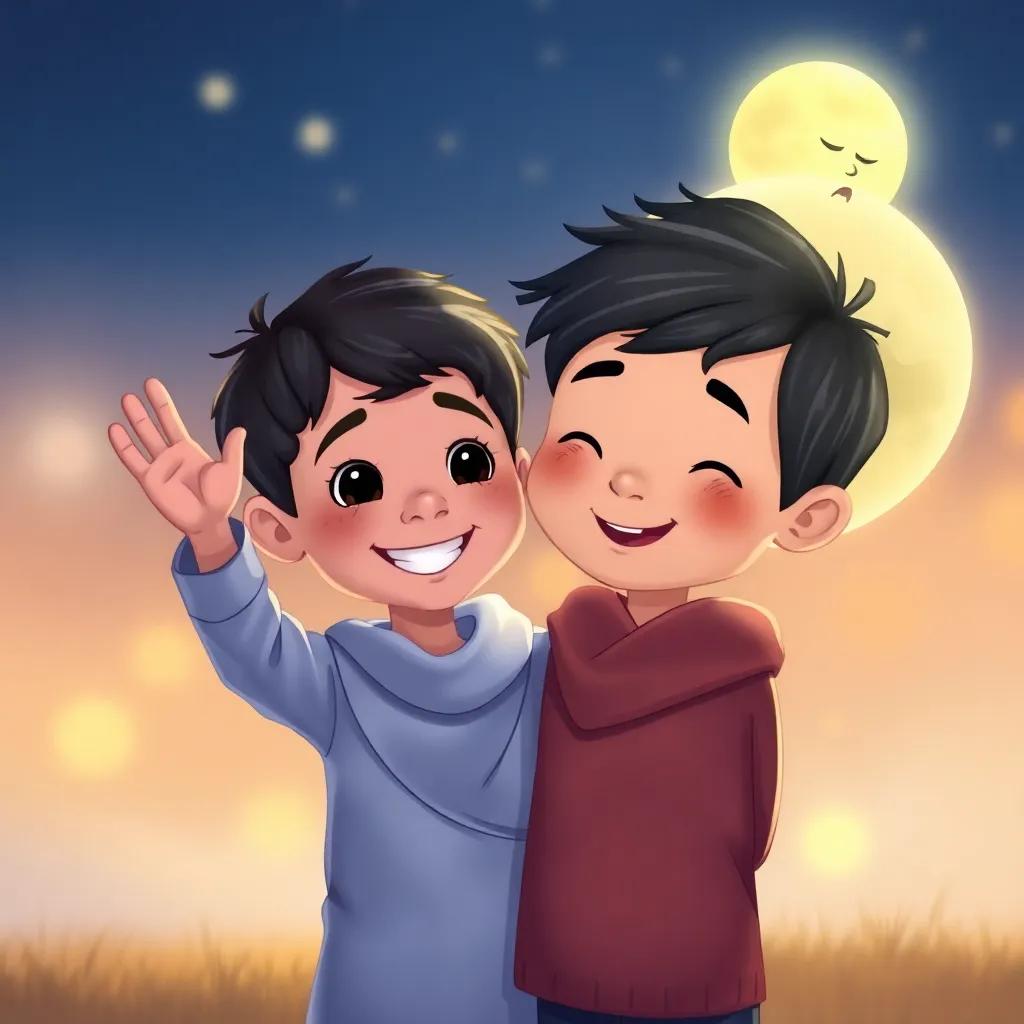 Sami, a young boy, with Lolo the happy moon, smiling and waving goodbye to the sad moon with soft glowing background, illustration, heartwarming scene, rich colors, uplifting imagery