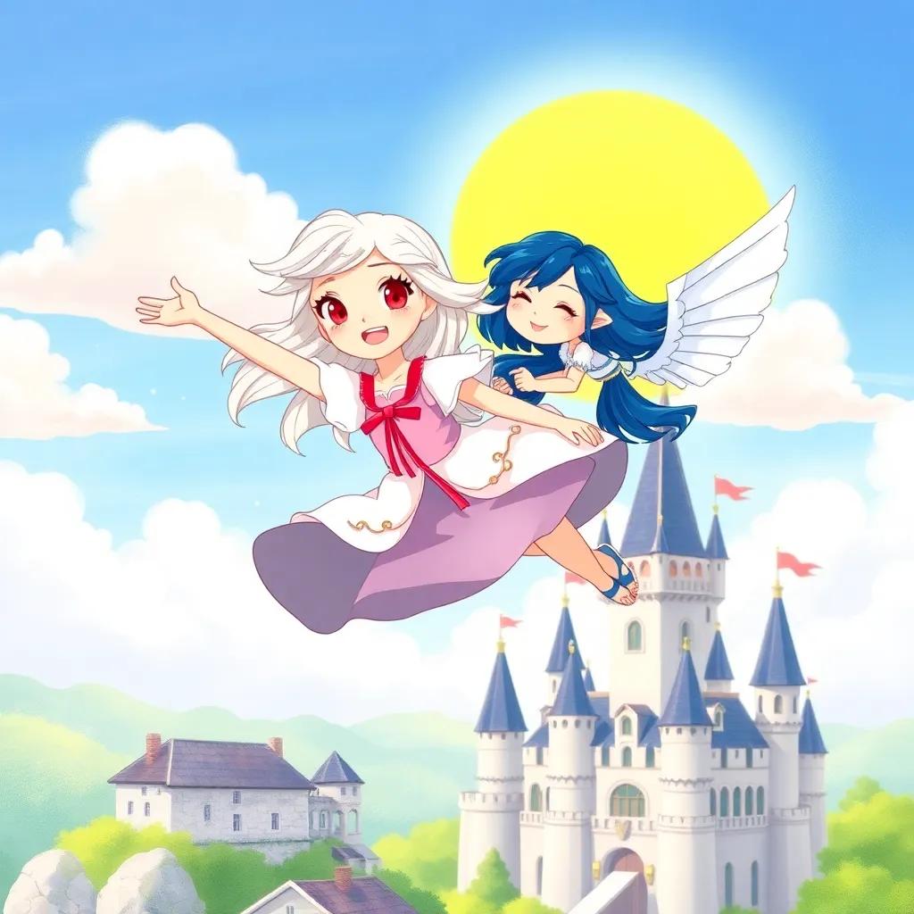 A beautiful girl named Sophie with white hair and red eyes, wearing a magical dress, flying joyfully in a sunny sky over a castle with her friend Lian, who has dark blue hair and white wings, vibrant colors, cheerful atmosphere, high quality