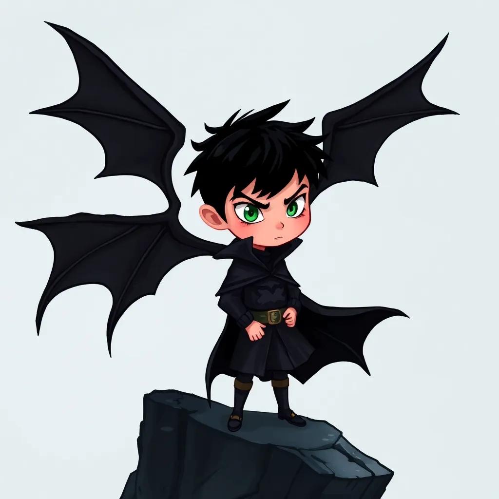 A dark-winged boy named Zark with black hair and green eyes, wearing a shadowy outfit, standing on a cliff looking ominous and planning something devious, dark colors, tense atmosphere, high quality