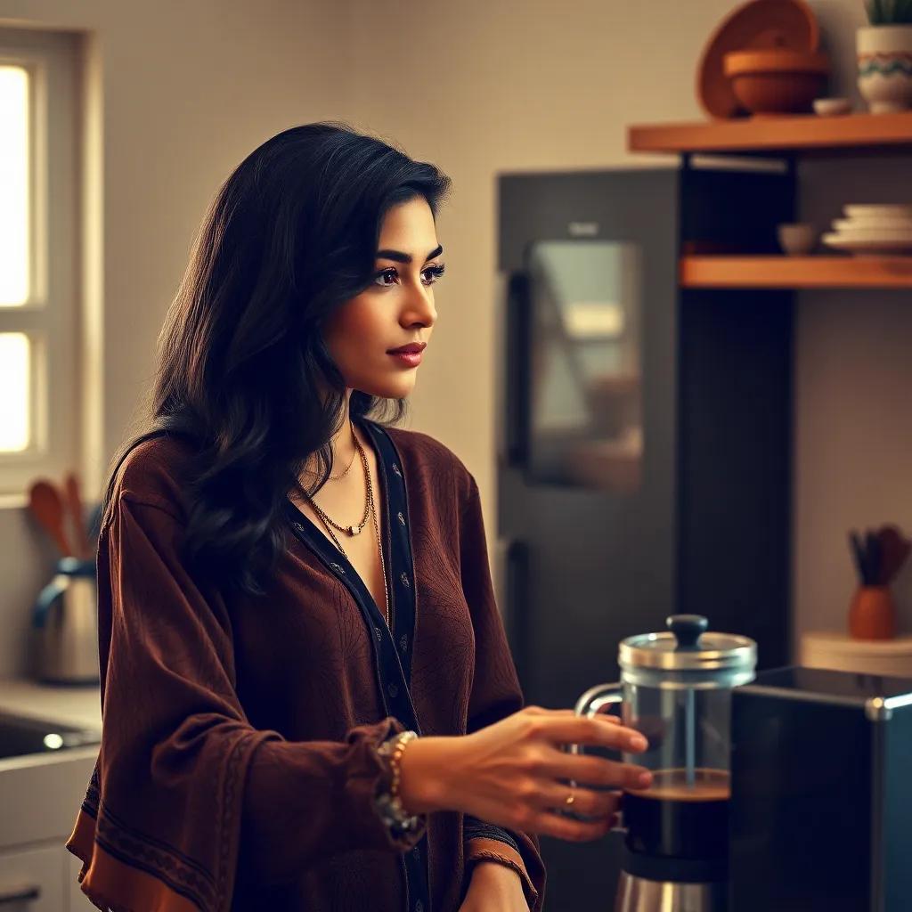 An Egyptian woman with dark hair in a stylish outfit, observing her husband preparing coffee, hopeful expression, warm light, cozy kitchen, high quality
